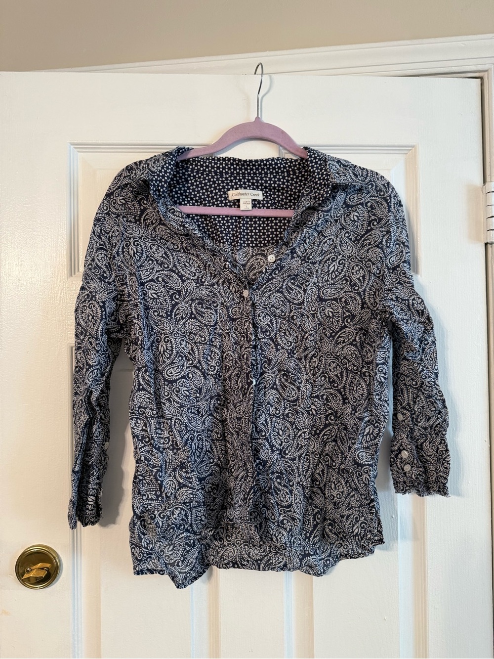 Coldwater Creek Navy and White Paisley Button-Front Shirt